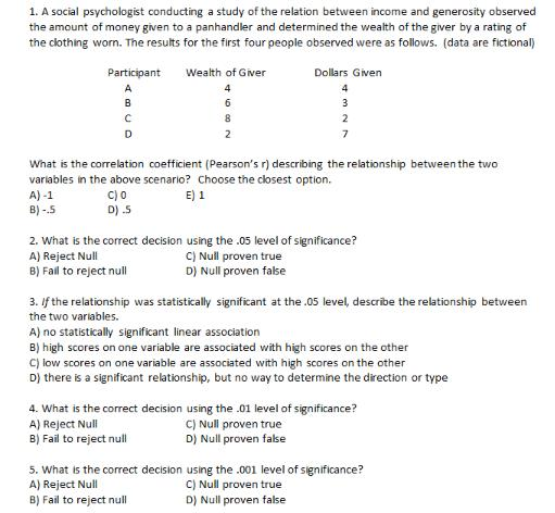 1. A social psychologist conducting a study of the relation between income and generosity observed the amount of money given
