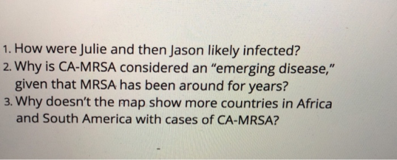 1. How were Julie and then Jason likely infected? 2. Why is CA-MRSA considered an emerging disease, given that MRSA has bee