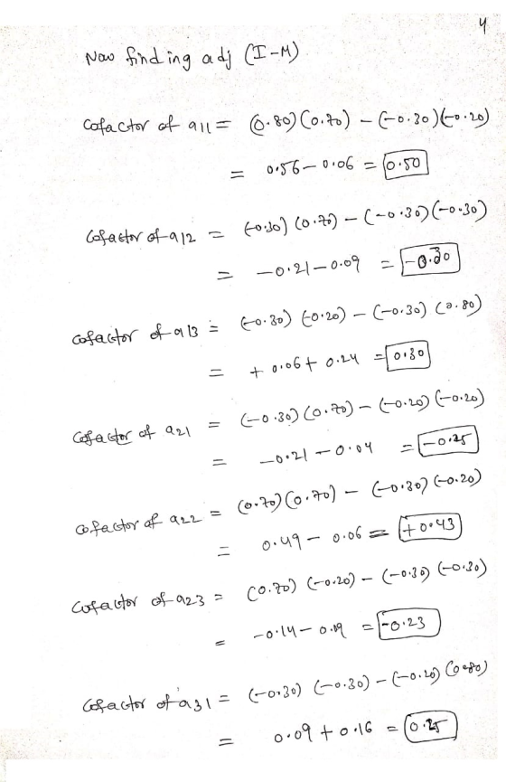 Now finding a dj (I-M). cofactor of all = (0.80) Co.to) -(0.30) €0.20) = 0056–0.06 = 0.50 Cofactor of 912 = = fo.so] (0.7) -