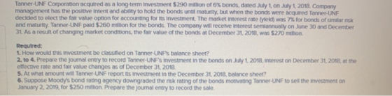 Tanner-UNF Corporation acquired as a long-term investment $290 million of 6% bonds, dated July 1, on July 1, 2018. Company ma