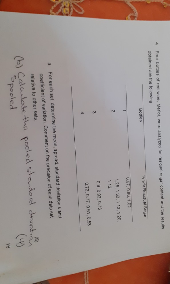 4 Four bottles of red wine, Merlot, were analyzed for residual sugar content and the results obtained are the following: % w/