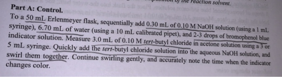 Part A: Control. To a 50 mL Erlenmeyer flask, sequentially add 0.30 mL of 0.10 M NaOH solution (using a 1 mL syringe), 6.70 m