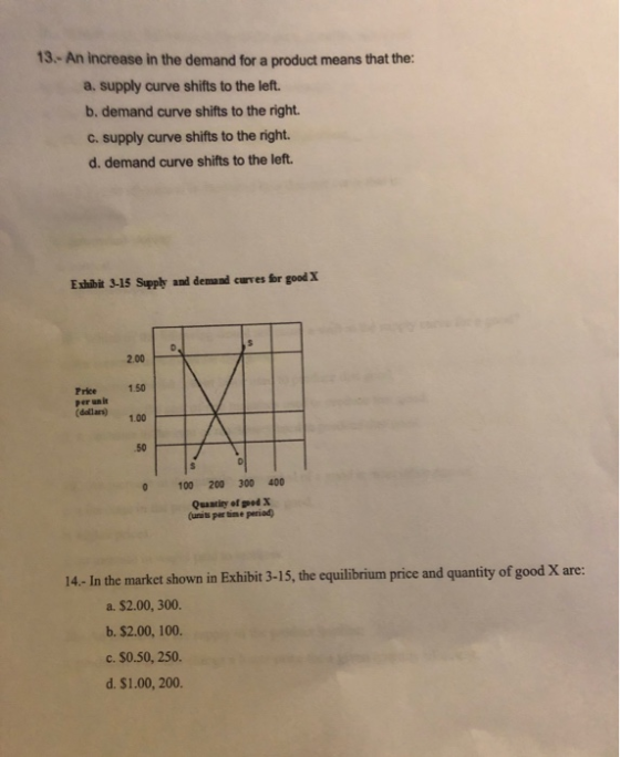 13. An increase in the demand for a product means that the a. supply curve shifts to the left. b. demand curve shifts to the