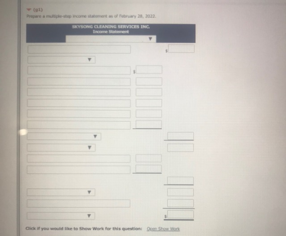 (91) Prepare a multiple-step income statement as of February 28, 2022. SKYSONG CLEANING SERVICES INC. Tecome Statement Click