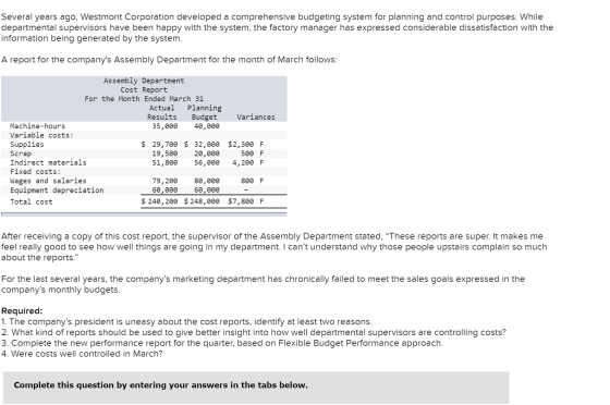 Several years ago, Westmont Corporation developed a comprehensive budgeting system for planning and control purposes. While d