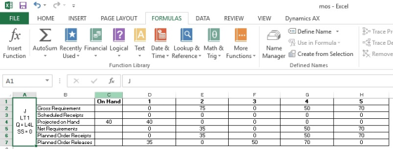 X] mos - Excel FILE HOME INSERT PAGE LAYOUT FORMULAS DATA REVIEW - Trace Pr fx VIEW Dynamics AX Define Name Ft Use in Formula