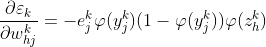 \frac{\partial \varepsilon _{k}}{\partial w_{hj}^{k}} = -e_{j}^{k}\varphi(y_{j}^{k})(1-\varphi(y_{j}^{k}))\varphi (z_{h}^{k})