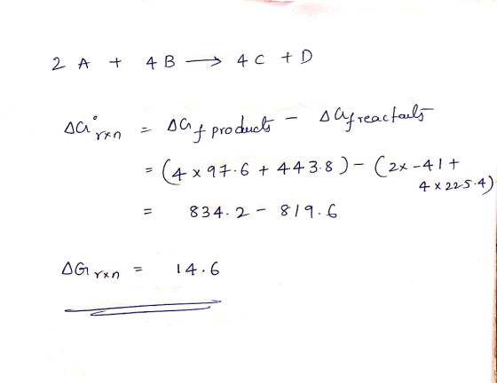 2 A + 4B 4C +D sciren = sat products - sa freactails - (4x97.6 + 44 3.8 ) - (2x-417 4x225-4) = 834.2 - 819.6 OG Yxn = 14.6 کے