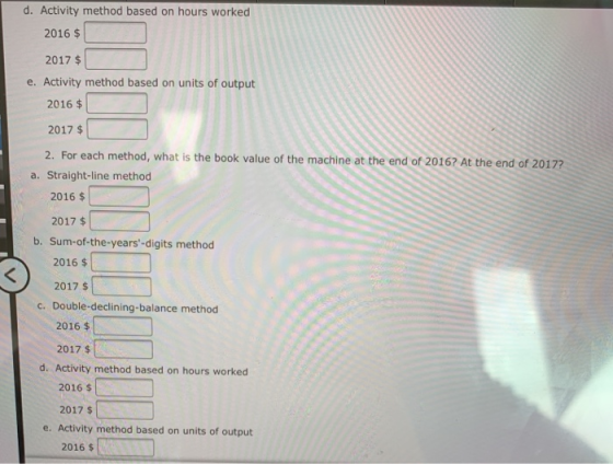 d. Activity method based on hours worked 2016 $ 2017 $ e. Activity method based on units of output 2016 $ 2017 $ 2. For each