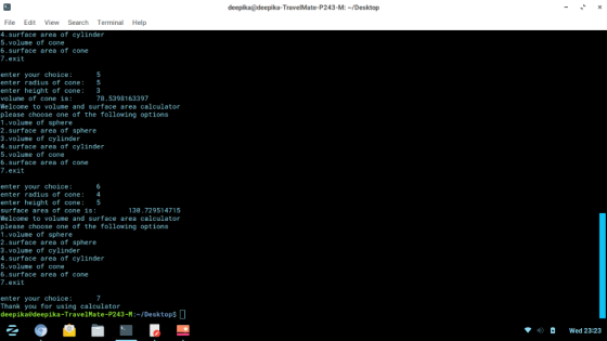 deepika@deepika-TravelMate-P243-M: /Desktop File Edit View Search Terminal Help 4.surface area of cylinder 5.volume of cone 6