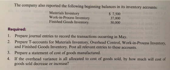 The company also reported the following beginning balances in its inventory accounts: Materials Inventory $ 7,500 Work-in-Pro