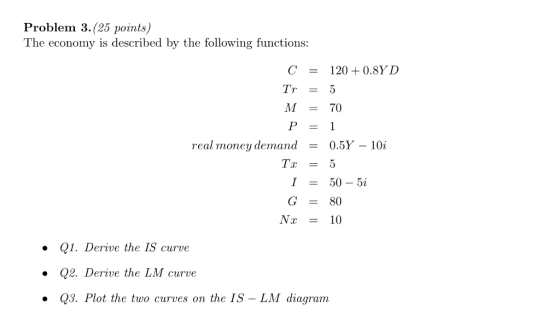 Problem 3.(25 points) The economy is described by the following functions C 120 + 0.8YD Tr M = 70 real money demand = 0.5Y-10i Ta= I50-5i G = 80 N10 · Q1. Derive the IS curve · Q2. Derive the LM curve Q3. Plot the two curves on the IS - LM diagram