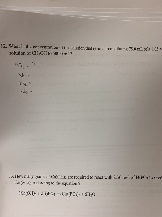 12. What is the concentration of the solution that results from diluting 75.0 mL of a 1.05 - solution of CH3OH to 500.0 mL? M