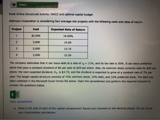 Video Excel Online Structured Activity: WACC and optimal capital budget Adamson Corporation is considering four average-risk
