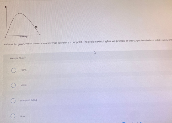 Quantity Refer to the graph, which shows a total revenue curve for a monopolist. The profit-maximizing firm will produce in t