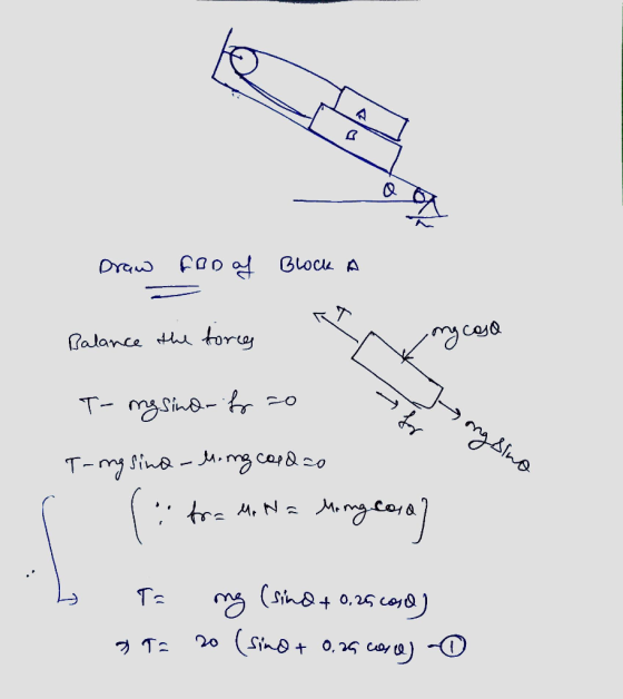 Draw FOD af Block A Balance the forces ong caso n ong sino T-mg sind f zo ya T-mg sina-hing calda s ( tra Mi Na Mungera] b To