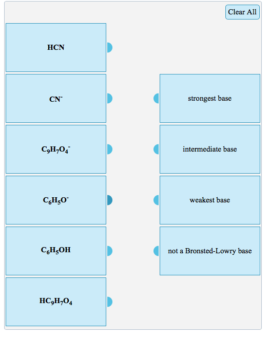 Clear All HCN strongest base C,H-04 intermediate base CHO weakest base СН,ОН not a Bronsted-Lowry base HC,H,O,