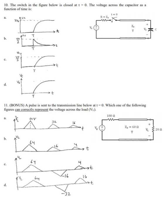 10. The switch in the figure below is closed at t = 0. The voltage across the capacitor as a function of time is: t = 0 R=20