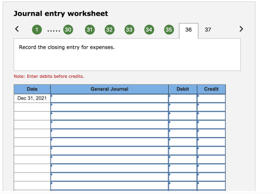 Journal entry worksheet < 0 ..... 80 81 82 83 84 85 36 37 > Record the closing entry for expenses. Note: Enter debits before