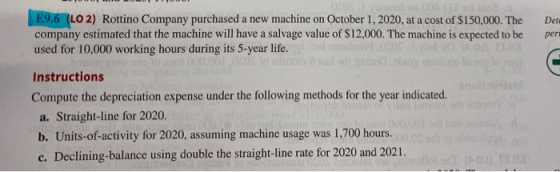 OSOS un no 100. oblog2 E9.6 (LO2) Rottino Company purchased a new machine on October 1, 2020, at a cost of $150,000. The comp