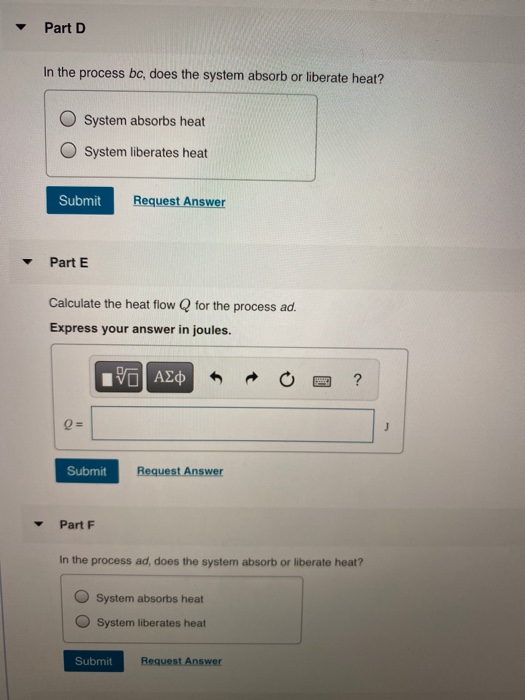 Part D In the process bc, does the system absorb or liberate heat? System absorbs heat System liberates heat Submit Request A