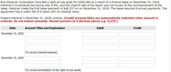 Rick Kleckner Corporation recorded a right-of-use asset for $300,000 as a result of a finance lease on December 31, 2019. Kle