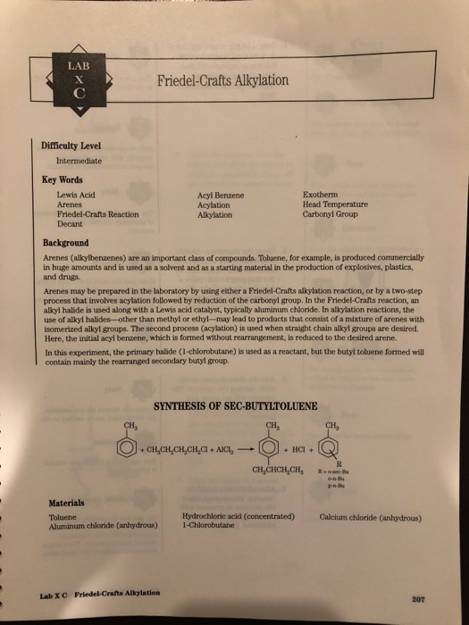 LAB Friedel-Crafts Alkylation c Dimculty Level Intermediate Key Words Lewis Acid Arenes Friedel-Crafts Reaction Decant Acyl B
