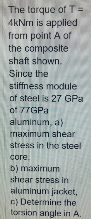 The torque of T = 4kNm is applied from point A of the composite shaft shown. Since the stiffness module of steel is 27 GPa of