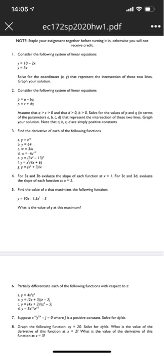14:05 ec172sp2020hw1.pdf NOTE: Staple your assignment together before turning it in, otherwise you will not receive credit I.