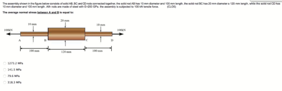 The assembly shown in the figure below consists of solid AB, BC and CD rods connected together, the solid rod AB has 10 mm diameter and 100 mm length, the solid rod BC has 20 mm diameter a 120 mm length, while the solid rod CD has 10 mm diameter and 100 mm length. Allh rods are made of steel with E-200 GPa. the assembly is subjected to 100 kN tensile force (CLO5) The average normal stress between A and B is equal to: 20 mm 10 mm 10 mm O0kN 100kN 100 mm 120 mm 100 mm 1273.2 MPa 141.5 MPa 79.6 MPa 18.3 MPa
