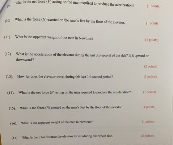 is the net force (F) acting on the man required to produce the acceleration? (1 points) What is the force (N) exerted on the