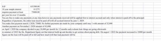 NP 631500,00 10 year simple interest 0.1275 requires payment at least 75000.00 per year for over 12 months You are free to ma