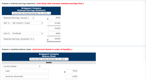 Prepare a retained earnings statement. (List items that increase retained earnings first.) Bridgeport Company Retained Earnin