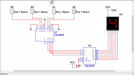B1 B2 A1 A2 VCC 5.0V Key = Space Key = Space EK Key = Space Key = Space 05 ΕΕΕΕ ABCDEFG Hem 8 U1 74LS83N C4 IM Մ Մ Մ Մ 04 A B