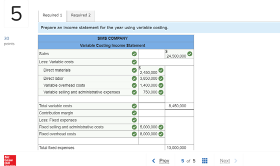 Required 1 Required 2 Prepare an income statement for the year using variable costing. 30 points SIMS COMPANY Variable Costin