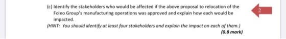 (c) Identify the stakeholders who would be affected if the above proposal to relocation of the Foleo Groups manufacturing op