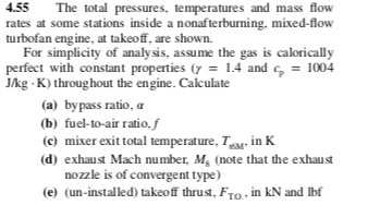 4.55 The total pressures, temperatures and mass flow rates at some stations inside a nonafterburning, mixed-flow turbofan engine, at takeoff, are shown. For simplicity of analysis, assume the gas is calorically perfect with constant properties (7-1-4 and 1004 Jkg K) throughout the engine. Calculate (a) bypass ratio, a (b) fuel-to-air ratio,f (c) mixer exit total temperature, T in K (d) exhaust Mach number, M (note that the exhaust nozzle is of convergent type) (e) (un-installed) takeoff thrust, Fo in kN and Ibf