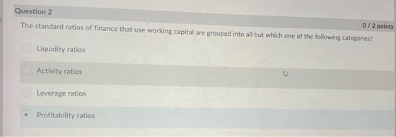 Question 2 0/2 points The standard ratios of finance that use working capital are grouped into all but which one of the follo