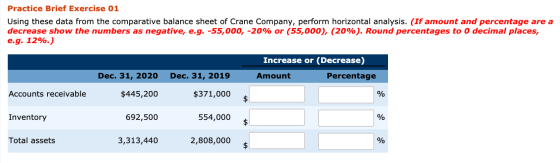Practice Brief Exercise 01 Using these data from the comparative balance sheet of Crane Company, perform horizontal analysis.