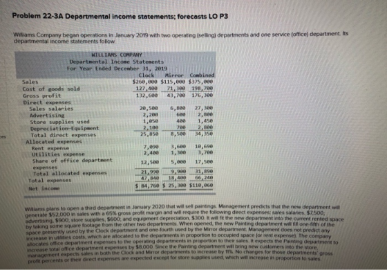 Problem 22-3A Departmental income statements; forecasts LO P3 Williams Company began operations in January 2019 with two oper