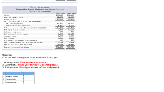 Weller Corporation Comparative Income Statement and Reconciliation (dollars in thousands) This Year Last Year $67,000 $65,000