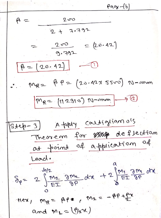 page-(6) pa 2o 2+ 7.792 2v 20:42) g. 792 ß (20.42) MR2 ß P 2 (20.424 5500) Na mm MR= (112310) roman Step-3 Apply Castigliano
