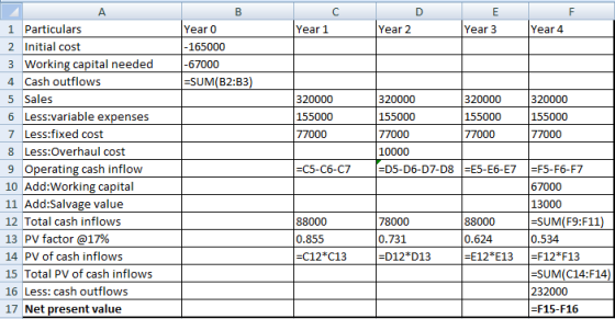 А В F E Year 3 Year 1 Year 2 Year 4 Year 0 - 165000 -67000 =SUM(B2:B3) 320000 155000 77000 320000 155000 77000 10000 =D5-D6-D