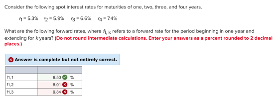 Consider the following spot interest rates for maturities of one, two, three, and four years. 77 = 5.3% 12 = 5.9% 13 = 6.6% 1