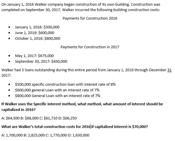 On January 1, 2016 Walker company began construction of its own building. Construction was completed on September 30, 2017. W