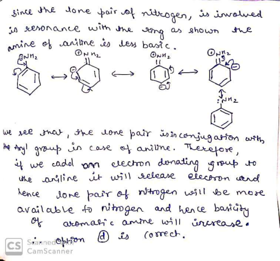 since the lone pair of nitrogen, is involved is resonance with the song as shown the amine of caniline is less basic.. 1. ONU