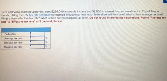 Scot and Vidia, married taxpayers, earn $266,000 in taxable income and $8.900 in interest from an investment in City of Tampa bonds. Using the U.S. tax rate schedule for married filing jointly, how much federal tax will they owe? What is their average tax rate? What is their effective tax rate? What is their current marginal tax rate? (Do not round intermediate calculetions. Round Average tox rate-&-Effective tax rate to 2 decimal places) Federal tax Average tax rate Effective tax rate Marginal tax rate