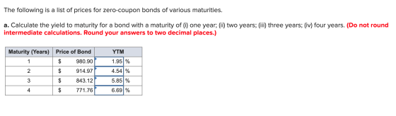 The following is a list of prices for zero-coupon bonds of various maturities. a. Calculate the yield to maturity for a bond
