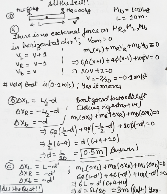 all the best!! нь 40% Иg = 40kg Мь2la L=10m There is no external force on MR, ML,M6 in herixental dion; Vamo y=8+1 ML (VL)+ M