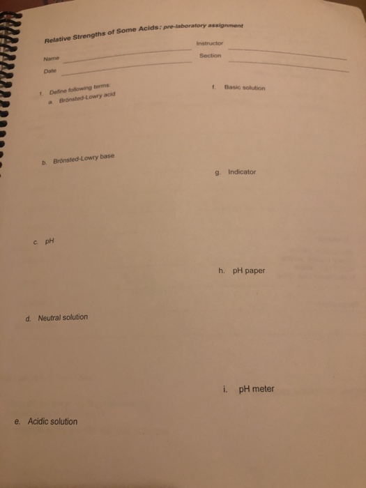 ids: pre-laboratory assignment Relative Strengths of some Acids. prelaboratory as Instructor Name Section Date Basic solution